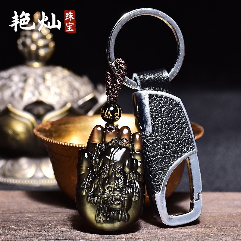 艳灿 四海显达貔貅吊坠貔貅泽祥吊坠项链财福黑曜石男友礼物520 钥匙