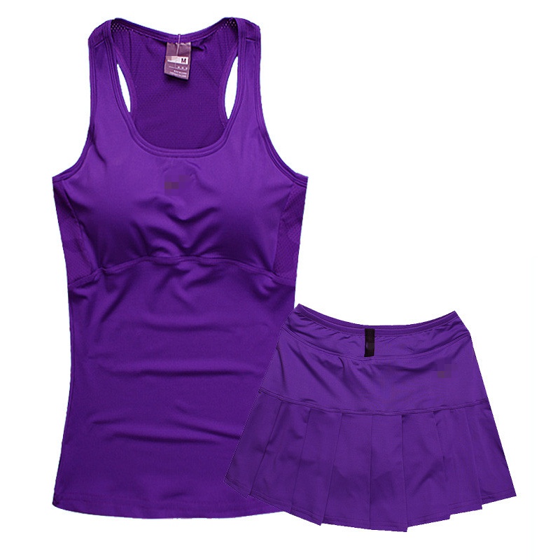 HZCL网球服夏季女网球裙套装女无袖健身运动背心短裙裤套装舞蹈跳操裤裙 紫色 M