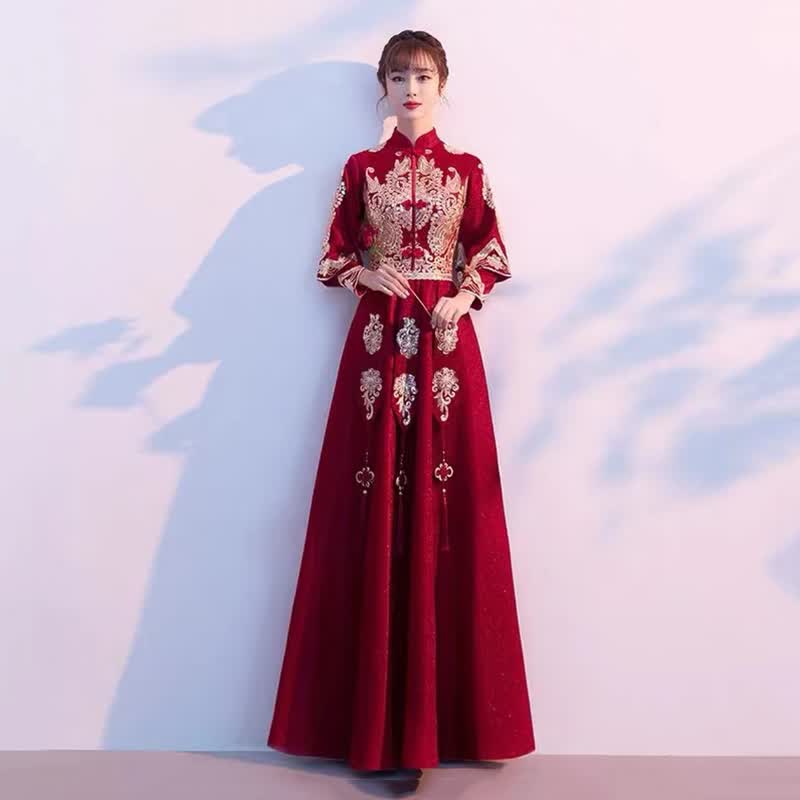 诺丽缇中式敬酒服新娘旗袍2023新款夏季酒红色结婚秀禾服答谢宴礼服裙女 酒红色长款 S高性价比高么？