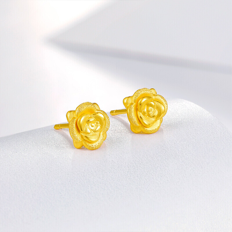 周六福珠宝 黄金耳钉足金女款3d硬金玫瑰花黄金耳环 定价ad090254 约