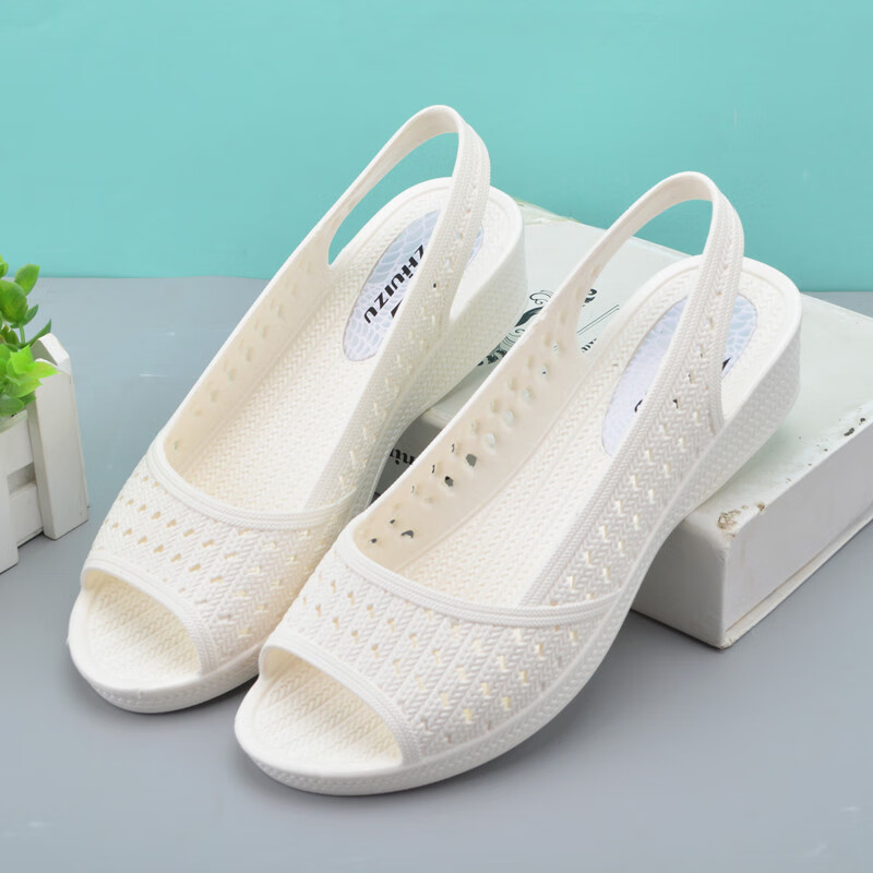 莱伸意下雨天穿的凉鞋女塑胶鞋女鱼嘴夏季坡跟塑料耐水白色护士鞋软底