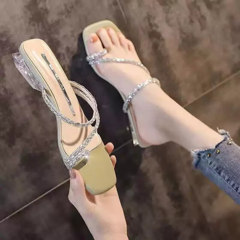 贤语凉拖鞋女外穿2023新款少女时尚网红少女水钻夹趾粗跟低跟凉鞋