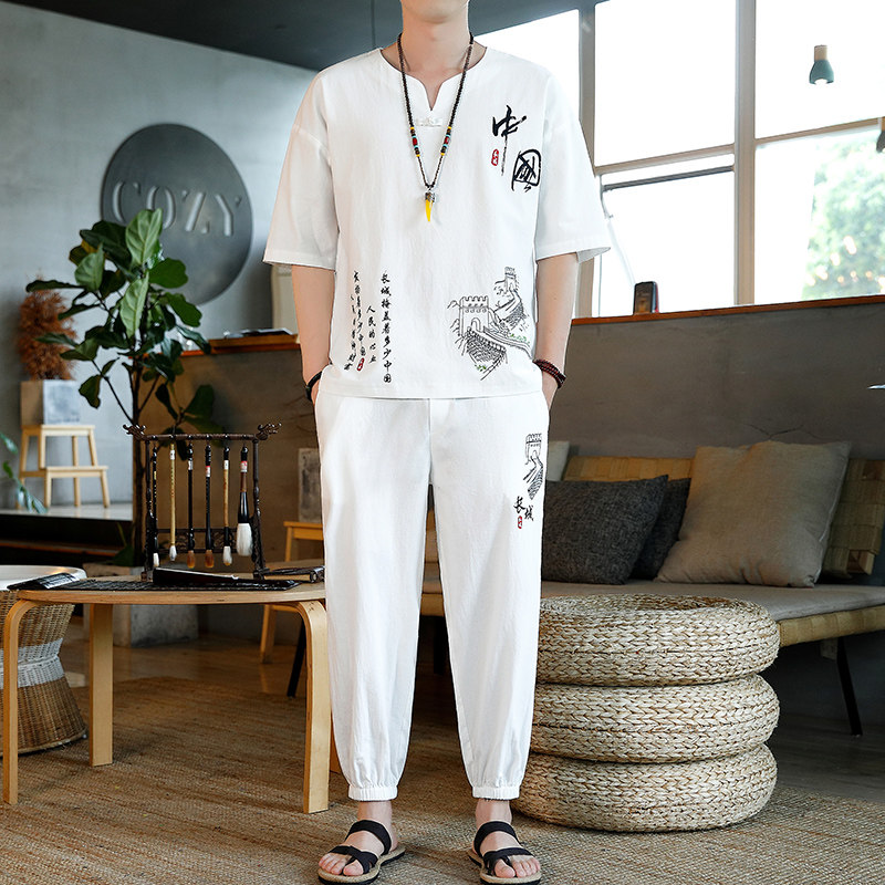 uxst民国服男夏唐装中山装男青年夏季中国风亚麻套装棉麻短袖古风衣服