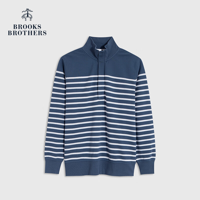 布克兄弟BrooksBrothers男士半高領(lǐng)拉鏈撞色條紋長袖衛(wèi)衣 B465-藍(lán)色L