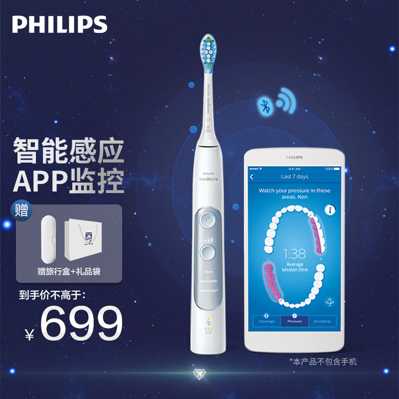 飞利浦（PHILIPS）电动牙刷 成人声波震动牙刷 9种刷牙体验 HX6874升级 APP蓝牙智能 HX9609/04