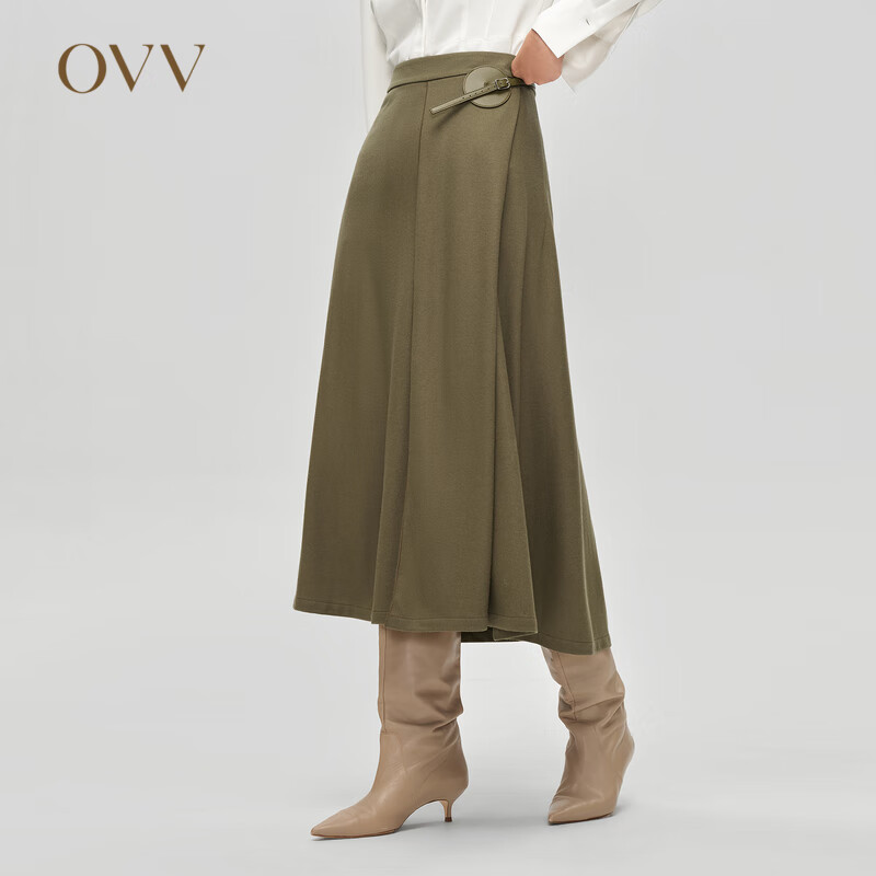OVV【云朵羊毛】2023秋冬新款女装针织拼接设计中长款半裙 灰绿(净色)B3 M