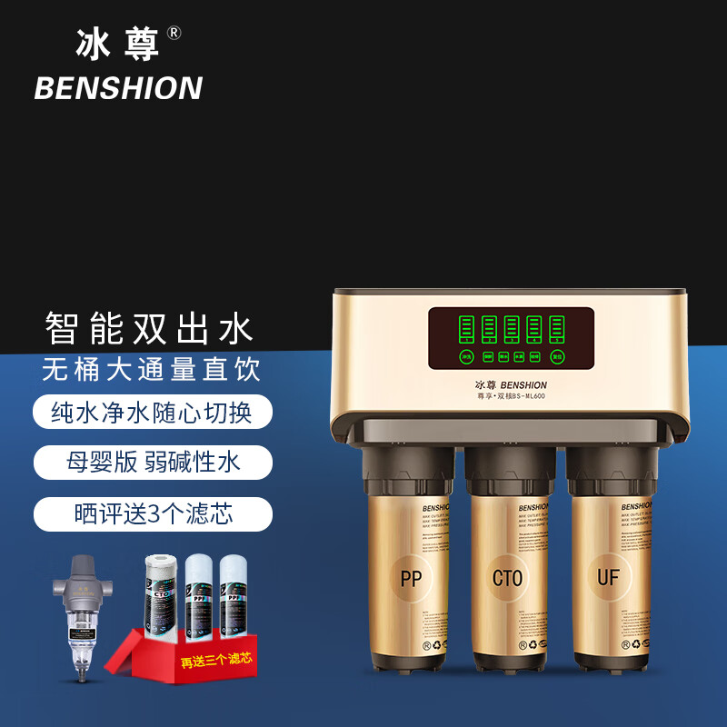 冰尊（BENSHION）净水器家用直饮双出水母婴版智能厨房净水机RO反渗透纯水机弱碱性ML600 套餐二(标配)+中央前置