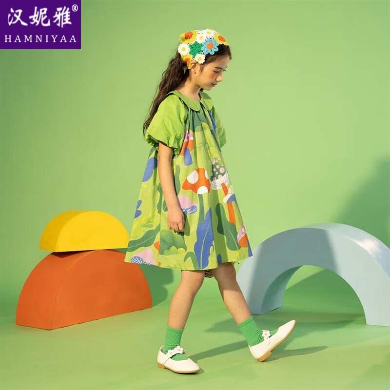 a)女童连衣裙2024夏季新款蘑菇印花棉布裙小女孩娃娃领裙子可爱 绿色
