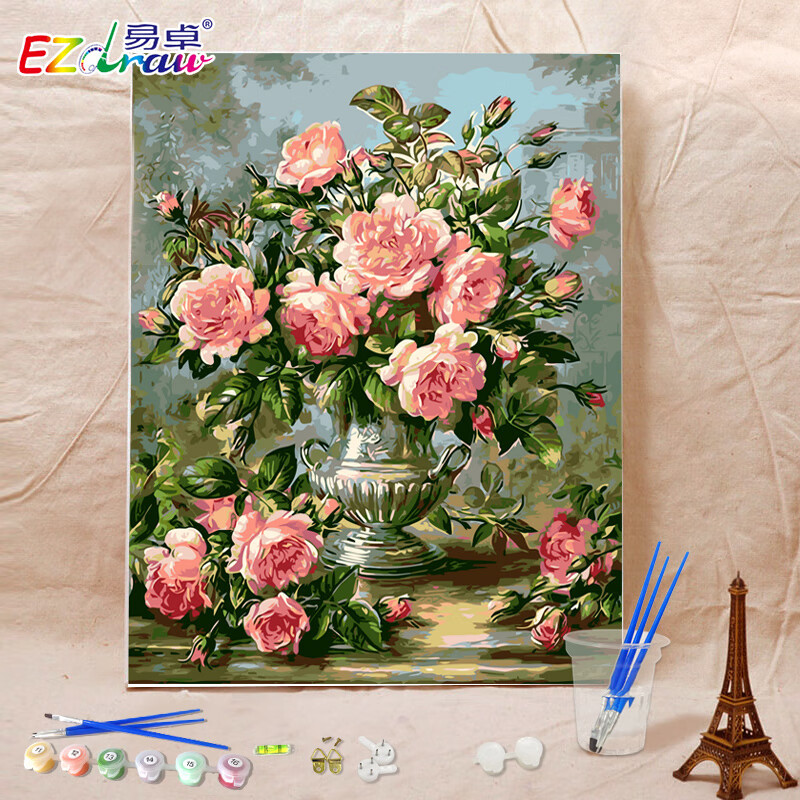 油画水彩涂色填充减压挂画手工填色画手绘客厅装饰油彩画 粉月季花 40