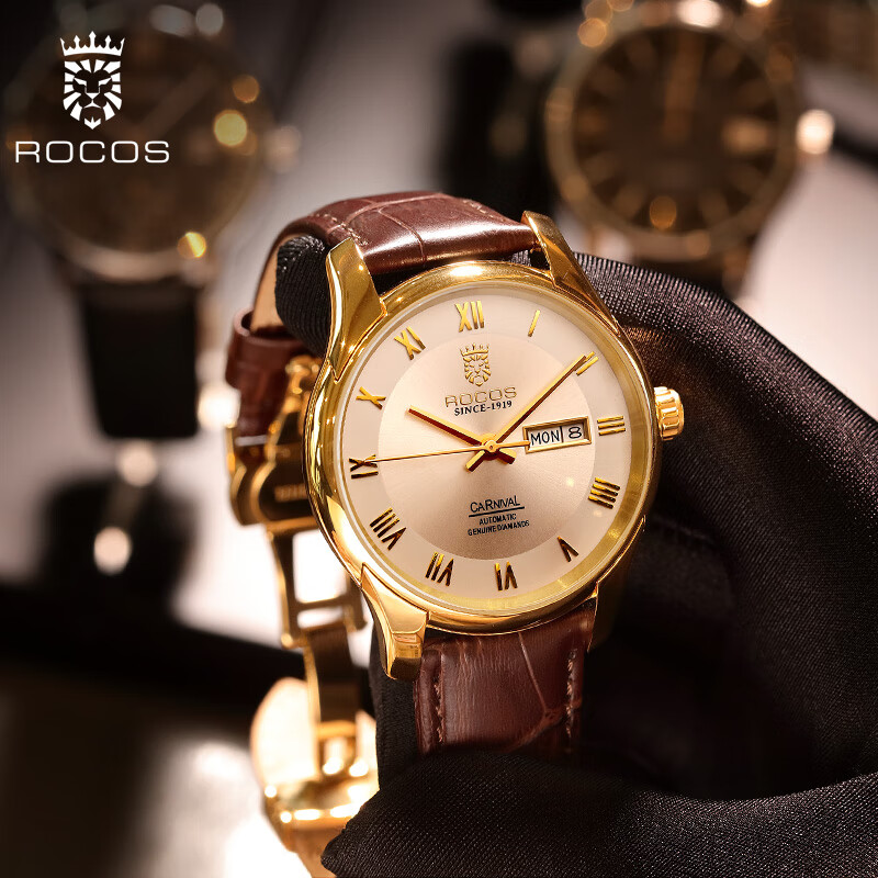 雷克斯（ROCOS）手表男机械全自动时尚商务百搭潮流镂空透底带双历牛皮表带防水男士手表  R0131 金色白面棕带