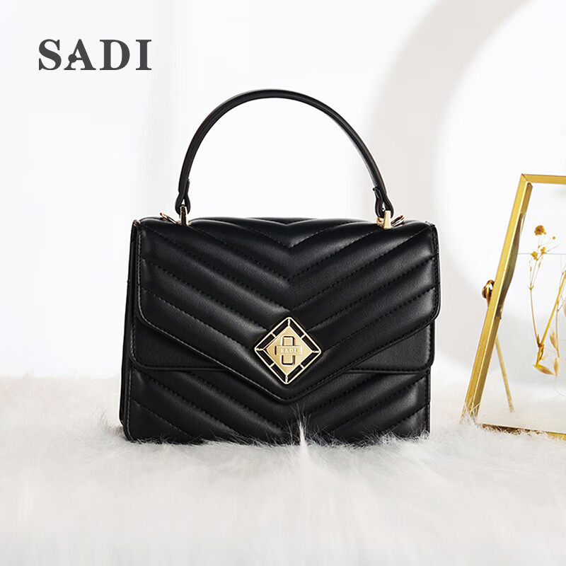 sadi萨迪女士小香风斜跨单肩包真皮牛皮手提包女式手拎轻奢包 黑色