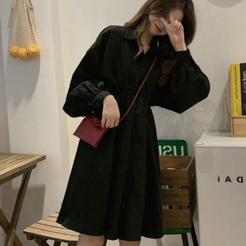 白色收腰连衣裙女收显瘦气质新款夏秋衬衫裙中长款裙仙女超仙 黑色 15