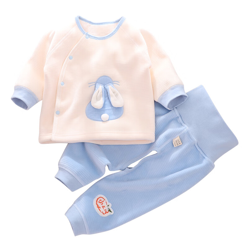 小三月6个月新生婴幼儿秋冬季加绒保暖内衣套装开裆分体加厚双面绒外套 A072和A073蓝色【高腰护肚】 90码，建议20-24斤