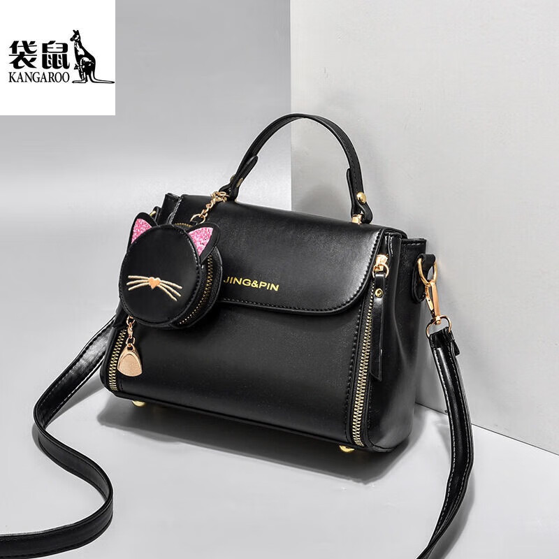 袋鼠轻奢潮牌女士韩版袋鼠包单肩包单肩包斜挎包简约包包女 黑色