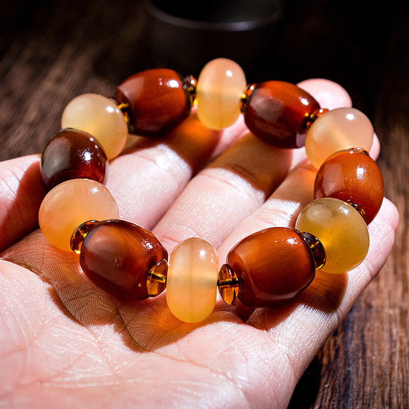 单圈手链冰透黄料念珠男士女款文玩手链饰品 款式一 牛角珠约16*16mm