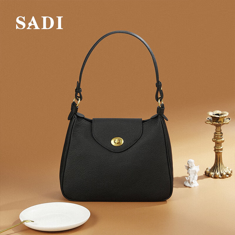 sadi萨迪包包女手提包女时尚单肩包女斜跨头层牛皮女包 黑色
