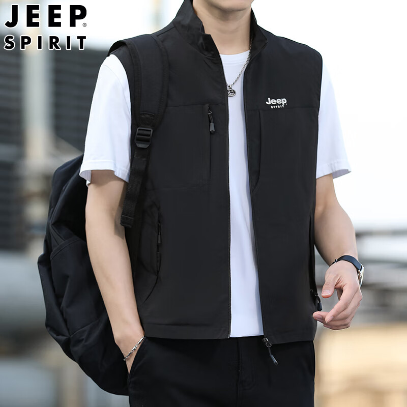 JEEP SPIRIT休閑馬甲男士2025夏季薄款立領(lǐng)坎肩拉鏈馬夾外套 黑色 內(nèi)袋款857.0 2XL 145-160斤
