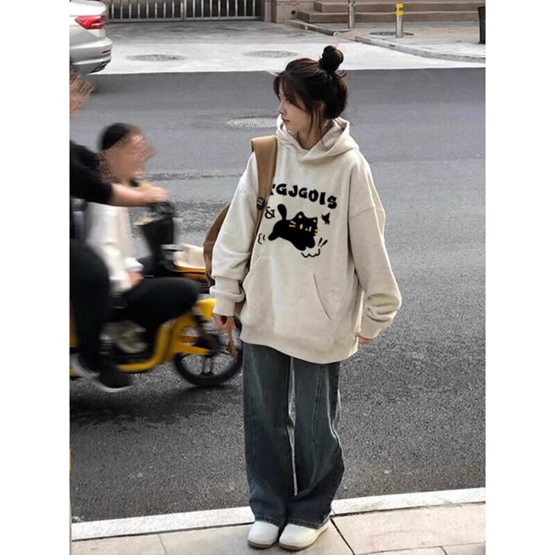 吉闲 欧货连帽卫衣女2023新款秋冬甜美印花宽松百搭加绒上衣外套ins潮 白灰色【加绒】 L使用感如何?