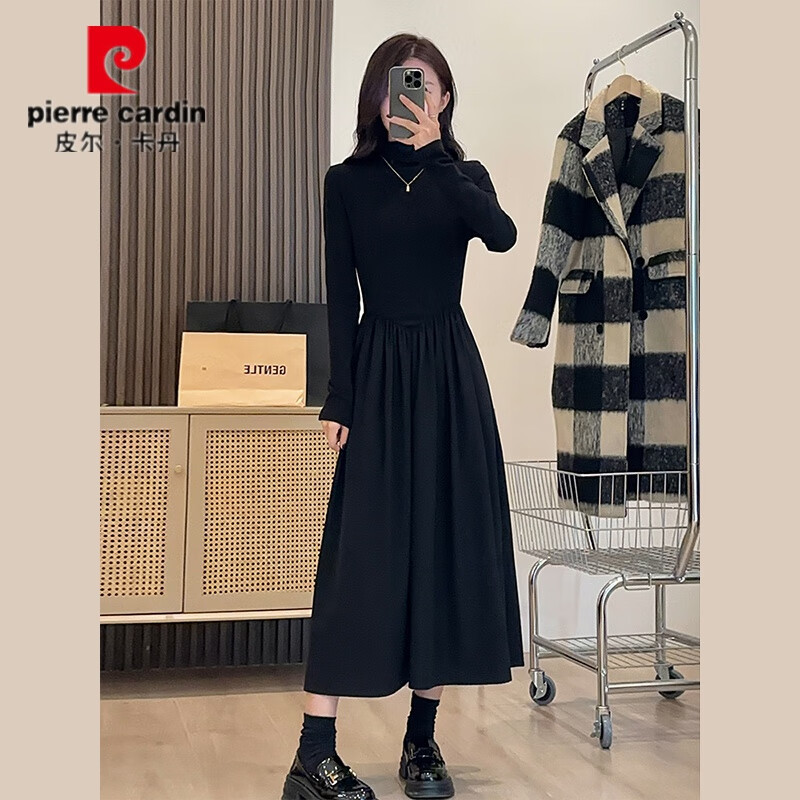 皮尔卡丹（pierre cardin）大·衣内搭连衣裙2025新款小个子赫本风黑色针织女秋冬打底长裙 黑色半高领【深冬装搭配一整套/ S 40/45kg