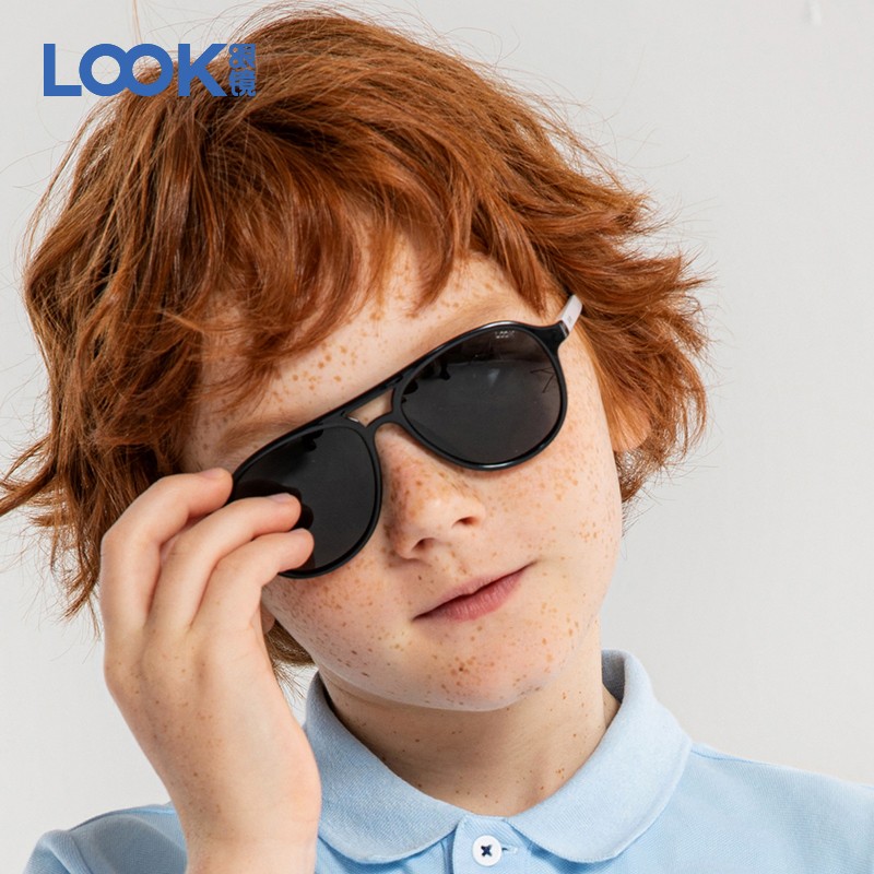 LOOK眼镜儿童男女飞行员太阳镜2021年新款时尚墨镜防紫外线偏光镜潮 亮黑色+灰片
