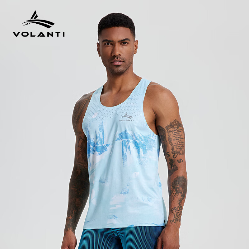 沃兰迪沃兰迪星河跑步速干背心女男马拉松吸汗夏季健身田径运动透气上衣 浅蓝色 XL