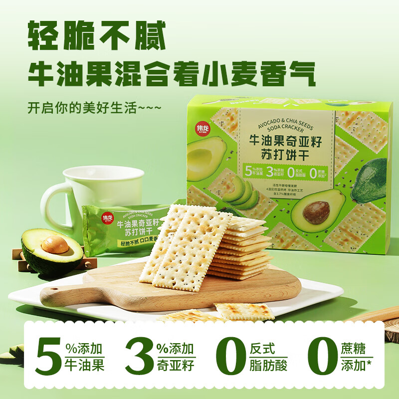 伟龙牛油果奇亚籽苏打饼干 酥脆可口0反式无添加蔗糖 健康代餐 【店长力荐】408g*2盒