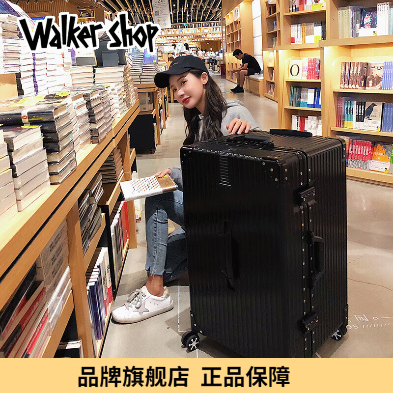 Walker Shop轻奢品牌行李箱多功能铝框拉杆箱大容量旅行箱登机箱子 爵士黑【升级加厚50%+复古直角铝 26英寸 26寸