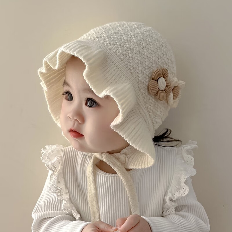 贝娜茜婴儿帽子秋冬季女宝宝公主帽毛线帽针织护耳保暖宝宝帽婴幼儿冬天 花花-米白 6个月-2岁（44-49CM）