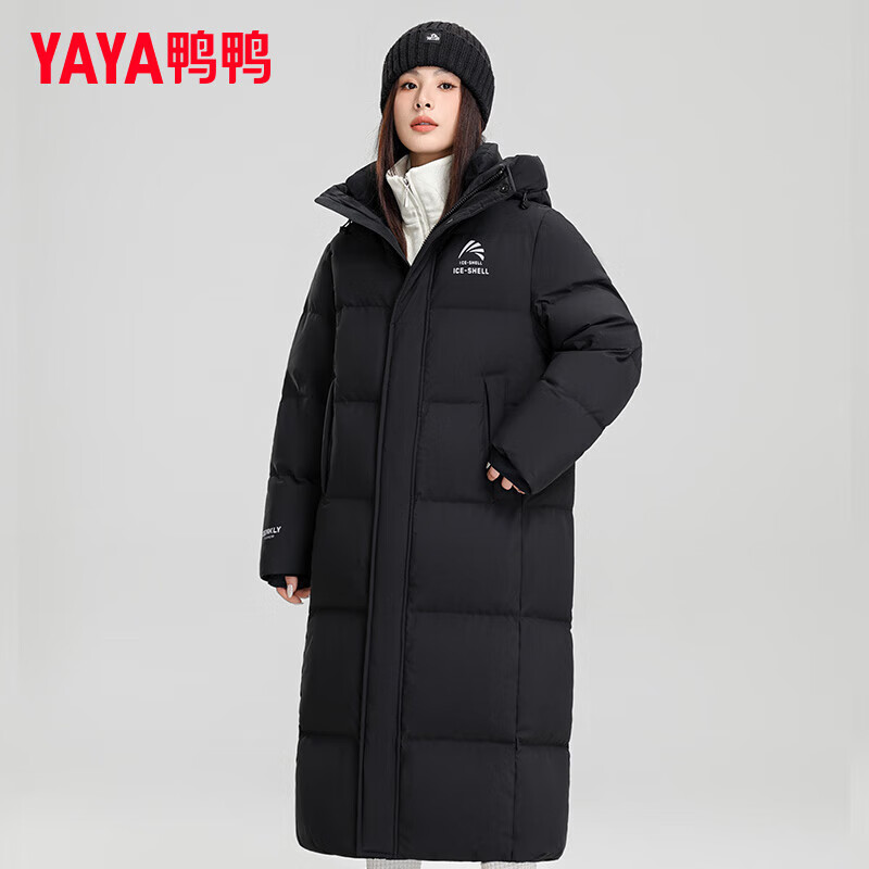 鸭鸭(YAYA)王一博同款冰壳羽绒服女长款过膝冬季新款时尚情侣男女泡芙外套HY 青光黑色 M (170)