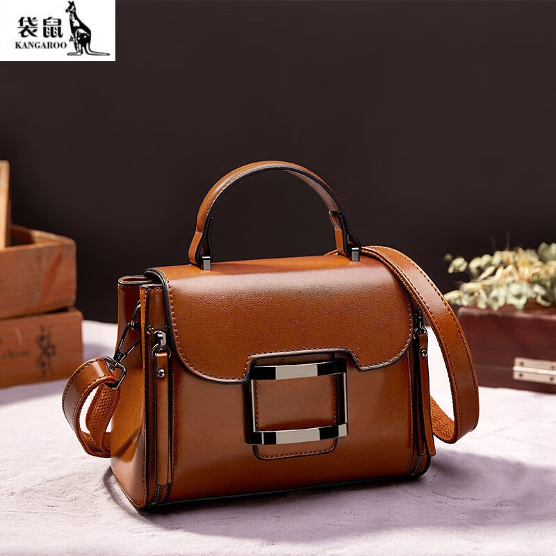 袋鼠(kangaroo)轻奢品牌牛皮包包新款真皮女包手提小方包斜挎包单肩