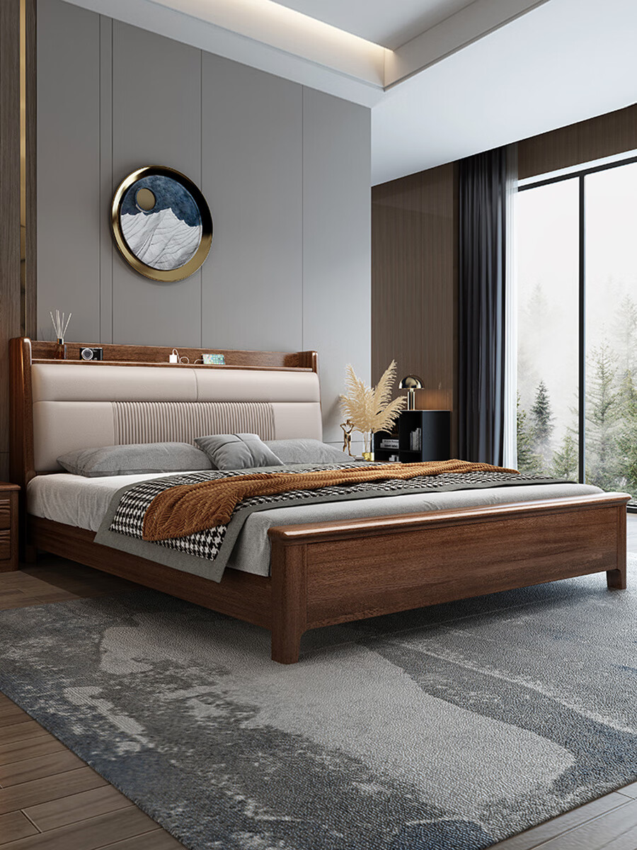 创伴实木双人床主卧胡桃木轻奢主卧大床2023年新款新中式带储物静音床