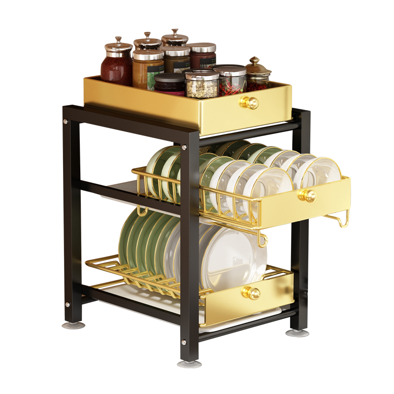 轻奢厨房置物架抽拉式台面碗盘调味品收纳架沥水架家用台式下水槽置物架碗碟收纳碗柜 抽拉式碗碟架-2层(黑色)