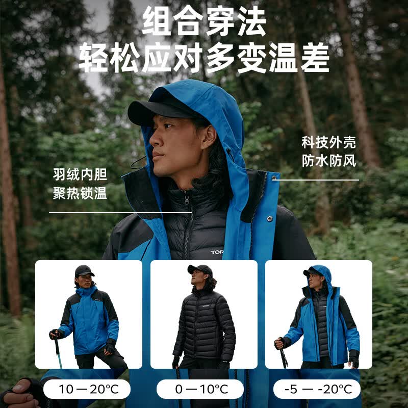 探路者（TOREAD）【极光】冲锋衣男三合一套羽绒内胆外套秋冬户外防风保暖登山服女 极地白黑色 鸭绒内胆 L 抗寒-20℃