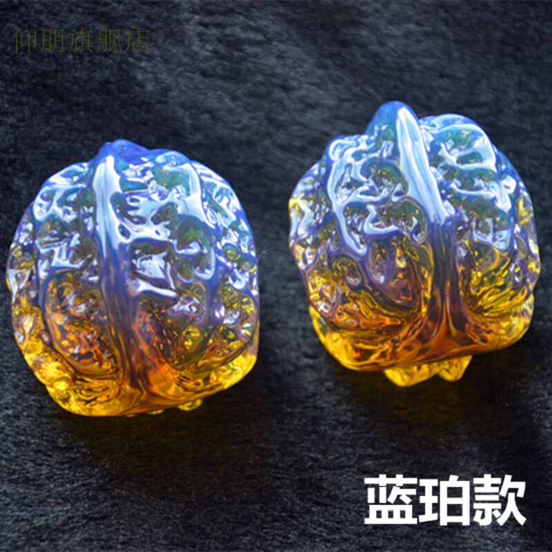 蓝珀纯手工雕刻文玩核桃白蜜蜡琥珀盘玩把玩件球 蓝珀核桃一对布袋
