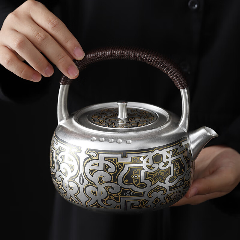 壶鎏银侧把提梁壶纯手工煮茶壶单壶日式手绘茶壶高档 鎏银战国提梁壶