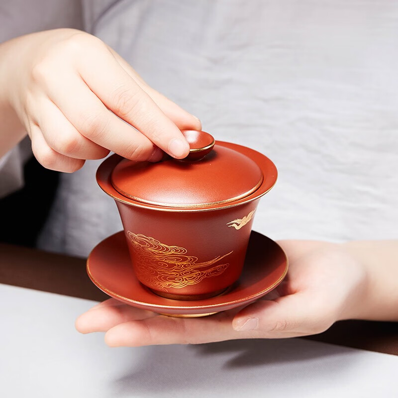 萬(wàn)壺園 紫砂蓋碗茶杯紫砂杯泡茶杯功夫茶具套裝水杯子大號(hào)敬茶碗泡茶碗茶盞三才杯手抓壺泡茶器 云中鶴蓋碗 150cc