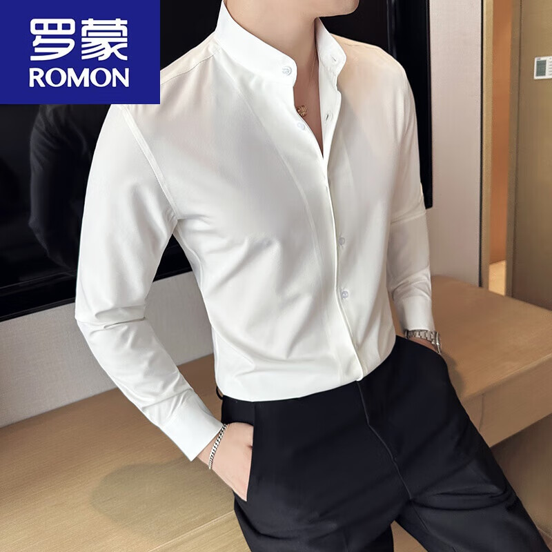 罗蒙（ROMON）冰丝垂感弹力男士衬衫立领长袖商务休闲青年修身韩版潮流衬衣 白色 2XL145165斤