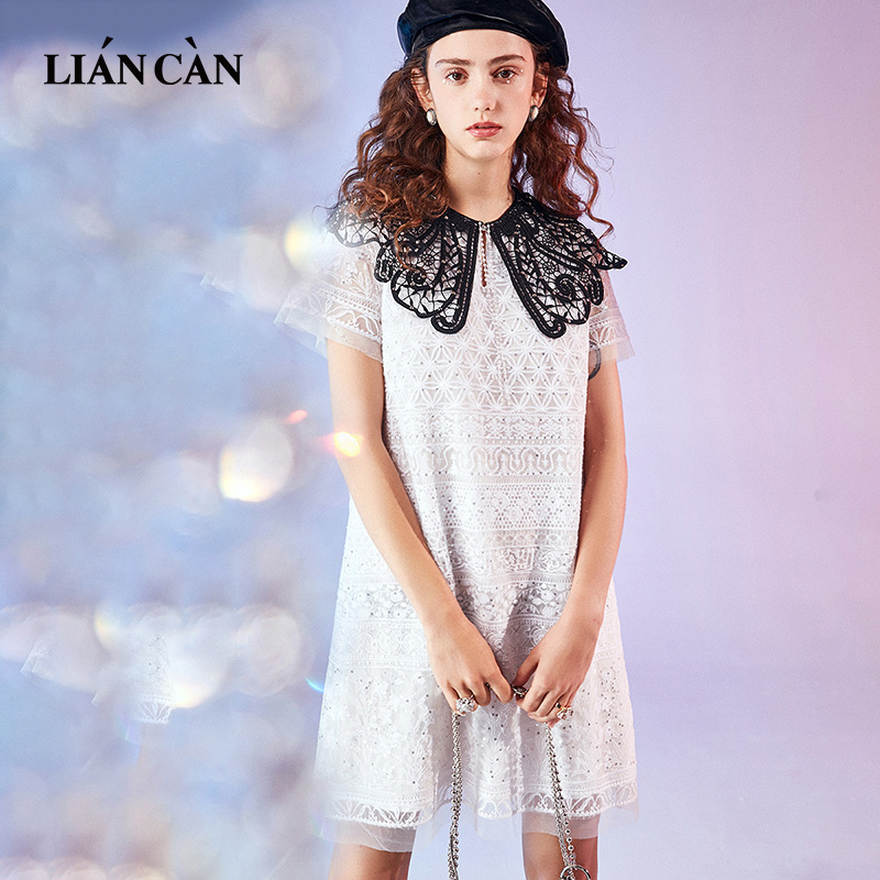 莲灿2023夏季新浪漫流苏刺绣蝴蝶领雪纺蕾丝短袖连衣裙 白色 s