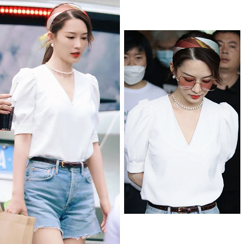 葵陌 高质量 轻奢风 快乐大本营李沁同款衣服女白色v领泡泡袖衬衫短袖