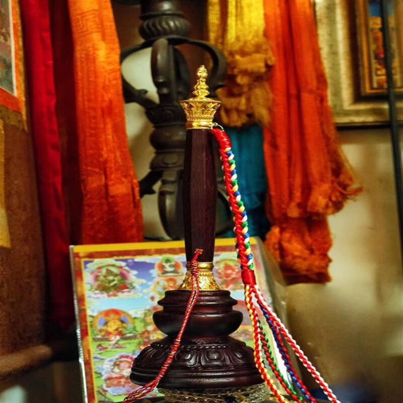 藏传黄铜鎏金红檀木格萨尔王权杖实木底座木头底座摩尼如意宝马鞭