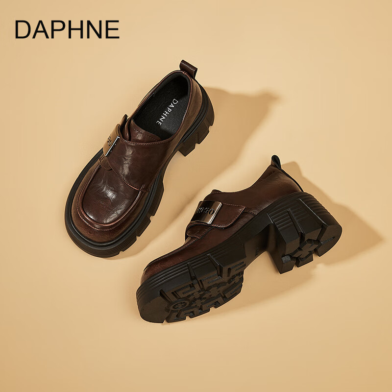 达芙妮厚底乐福鞋2026春季新款耐磨复古小皮鞋软底百搭英伦风增高单鞋 棕色 秋款上新 40
