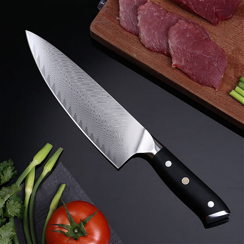 龙虎刀剑锻打大马士革钢菜刀厨师料理刀西餐鱼生刀寿司店三文鱼刺身