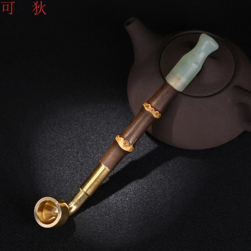 可狄 手工紫竹节竹子烟杆旱烟袋老式岫玉石嘴烟斗男士纯铜大锅子礼物