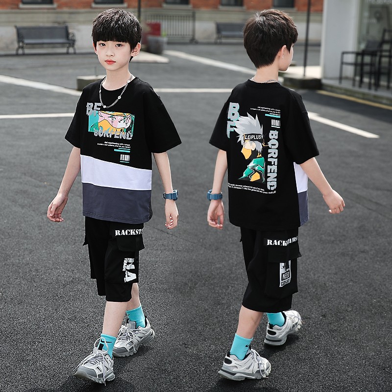 儿童装男童夏装套装2021新款中大童男孩夏季洋气运动韩版两件套潮 黑色 160《建议身高150-155左右》
