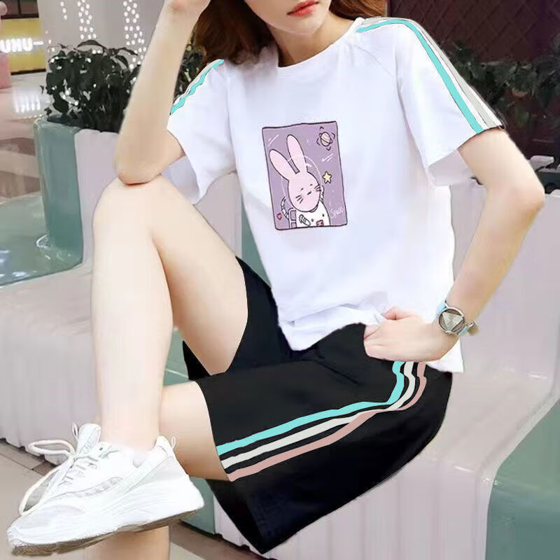 邦菲尔纯棉休闲运动服套装女夏季新款大码宽松学生短袖短裤两件套潮 单件白色三色上衣字母 4XL 建议160-180斤