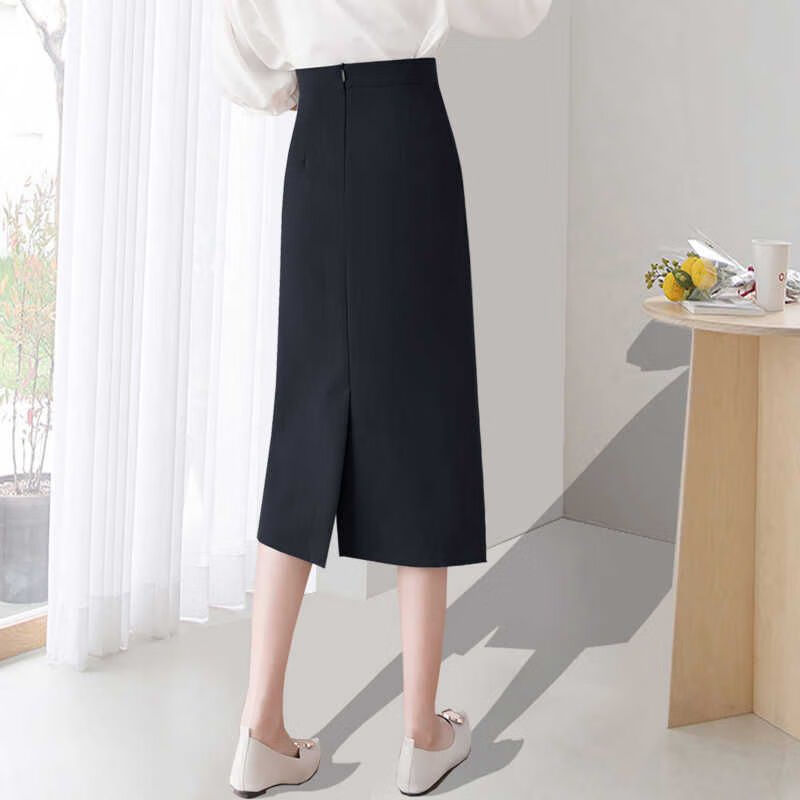 丝潇气质a字西装半身裙女新款春秋季开叉包臀中长款职业工装裙子 黑色