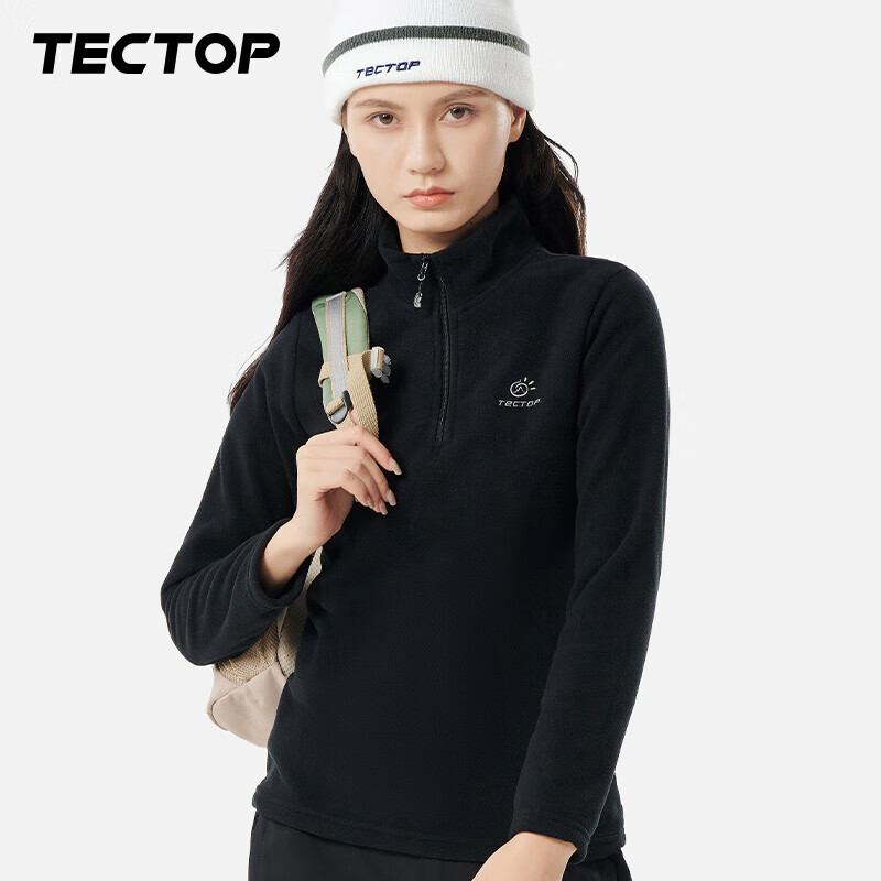 探拓（TECTOP）抓绒衣 户外加厚保暖女抓绒衣纯色立领半开衫柔软舒适抓绒衣 WZRY034 女款黑色 L