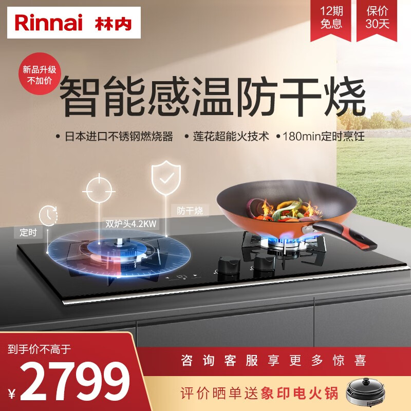 林内（Rinnai）燃气灶 日本原装进口燃烧器 超能莲花火 智能定时防干烧 安芯系列 2E03LS