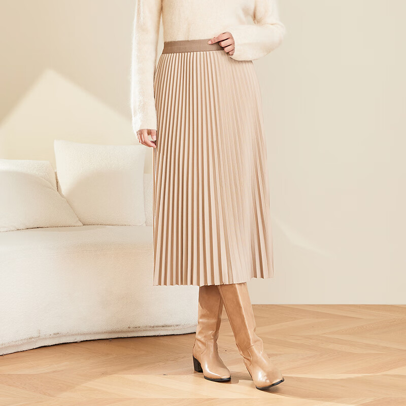 春竹春季女士百褶裙半身裙松紧高腰显瘦垂感a字中长款裙子高腰半身裙