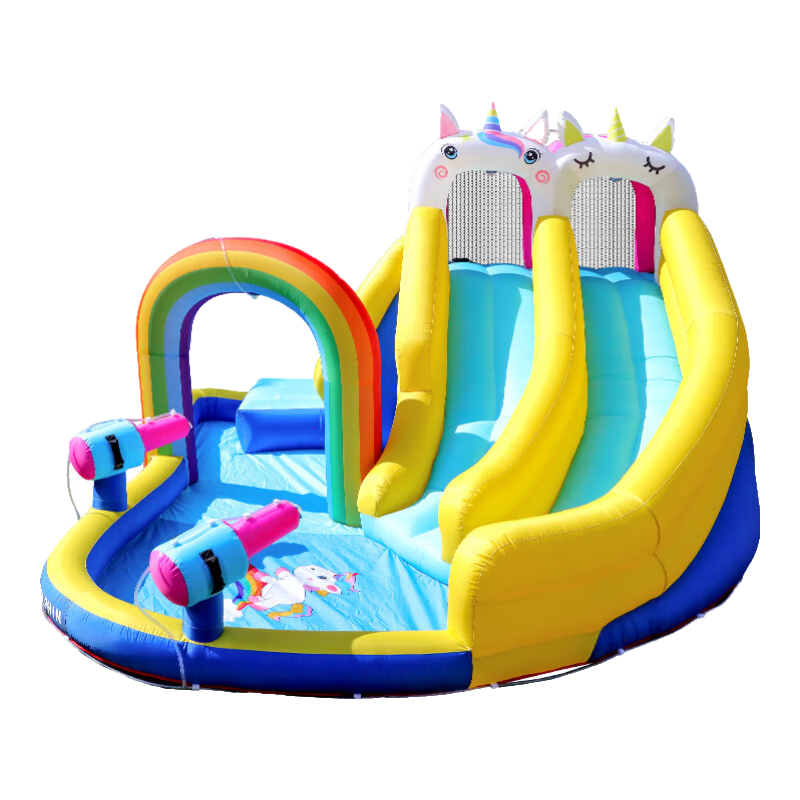 博士豚充氣城堡家用兒童蹦蹦床室內(nèi)戶外小型游樂園滑梯淘氣堡 73041-彩虹小馬( 可玩水款 )